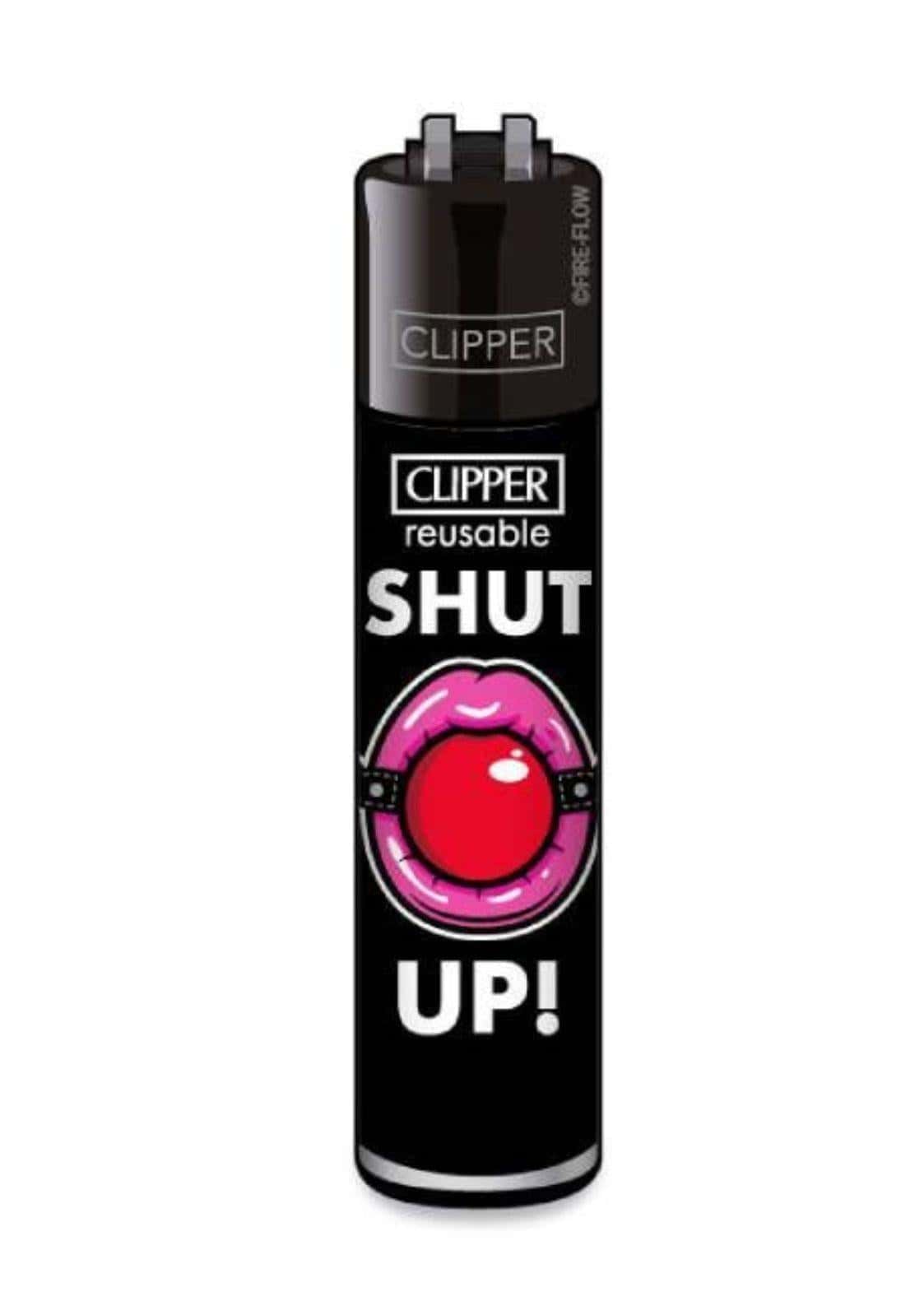 Schwarzes clipper feuzeug nachfüllbar mit pink-rotem lippenmotiv und shut up weißem schriftzug auf der vorderseite